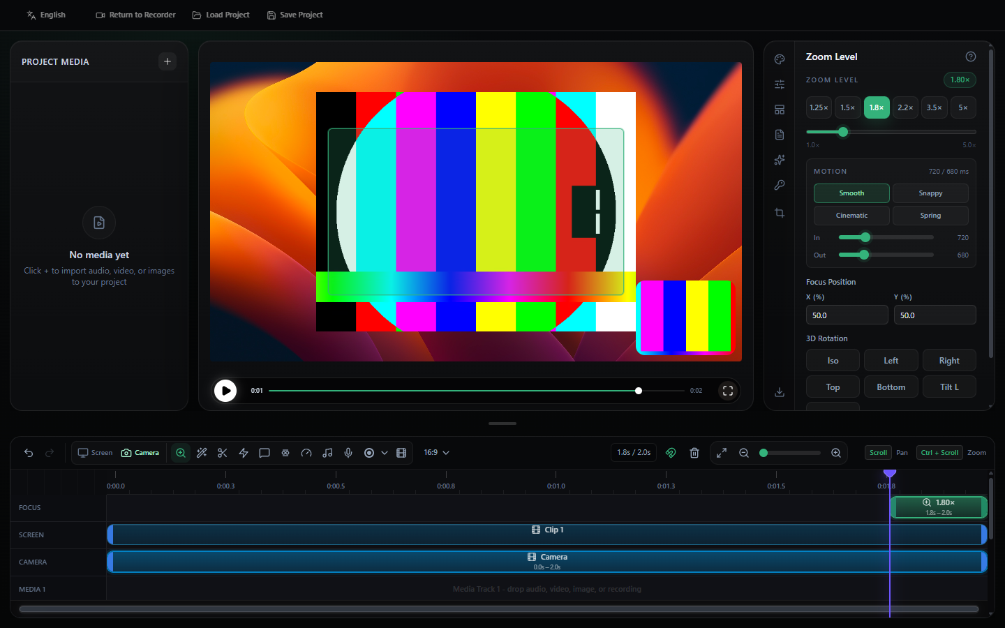 Actual Screlio guided zoom controls for focus position, zoom, motion, and timing