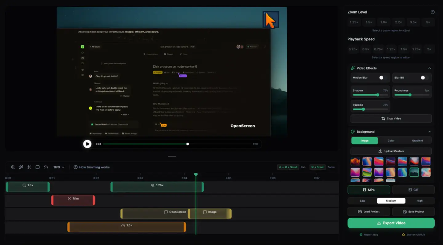 Screlio’s screen recording and editing workspace